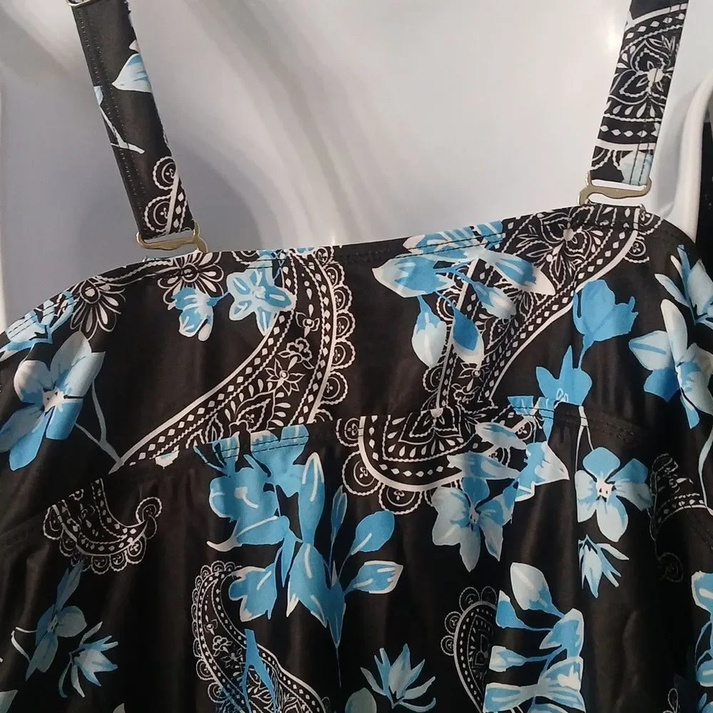 Aqua Eve black blue floral  tropical print tankini top  Sz 22W NWT